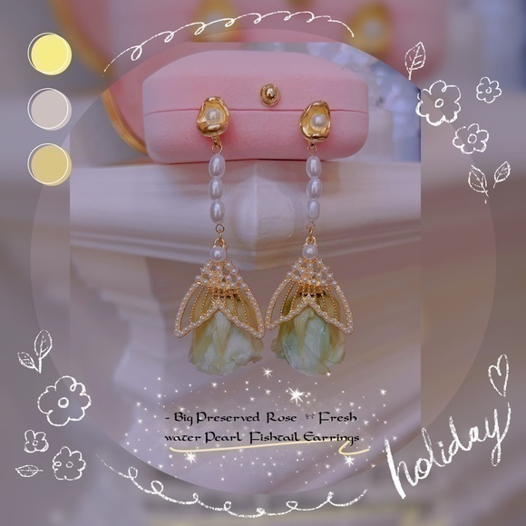 - - Big Preserved  Rose  & Fresh water Pearl  Fishtail Earrings - Picture 1 of 7